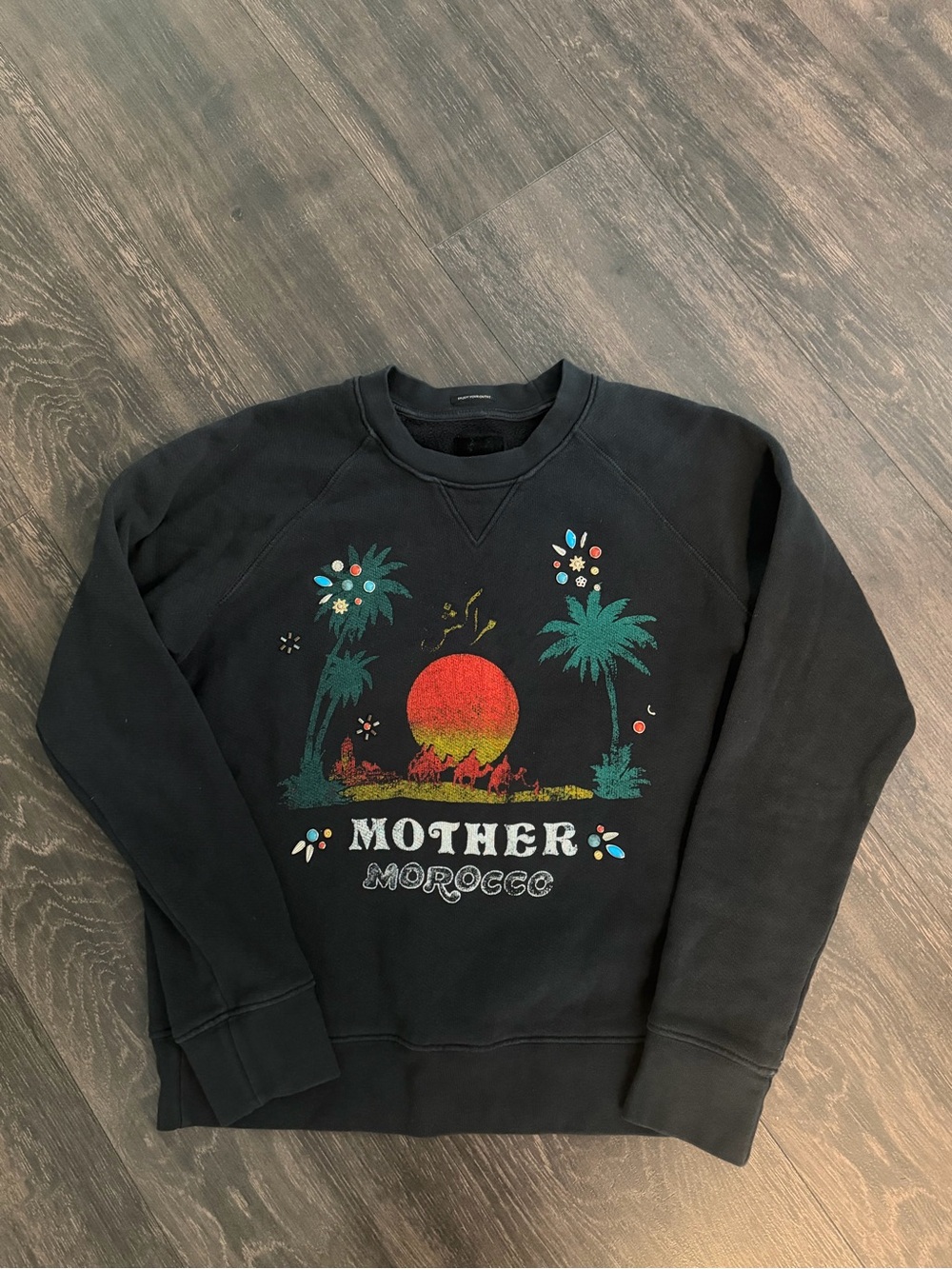 MOTHER Black Crewneck Sweatshirt with Red Sunset & Green Palm Graphic